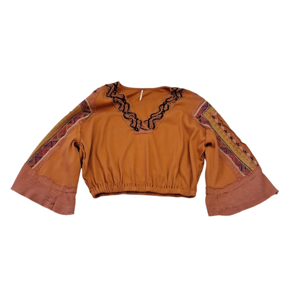 Free People Cross Country Ribbed Knit Bell Sleeve Large Orange Boho Chic